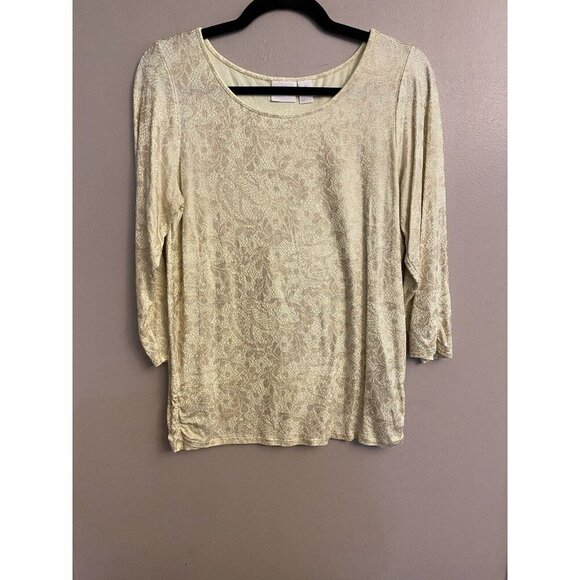 Chico's Tops - Chico's Floral Knit Top Yellow with Gold Metallic 3/4 Sleeve Ruched Sides Sz 1